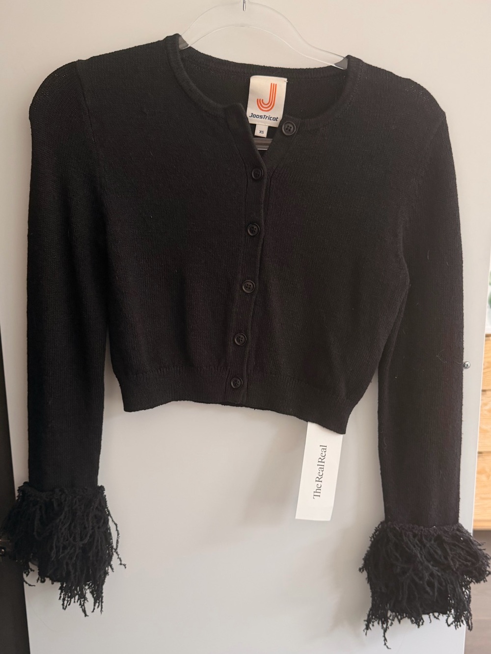 Joostricot Black Cropped Button-Up Cardigan with Fringe Cuffs
